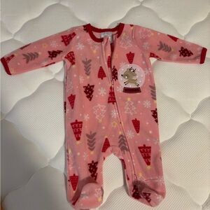 Koala Kids Pink Holiday Fleece Footed One-Piece with Reindeer Patch